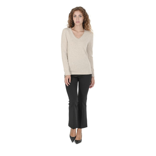 Crown of Edinburgh Cashmere - Crown of Edinburgh Cashmere Womens V Neck Sweater COE 0022 BEIGE