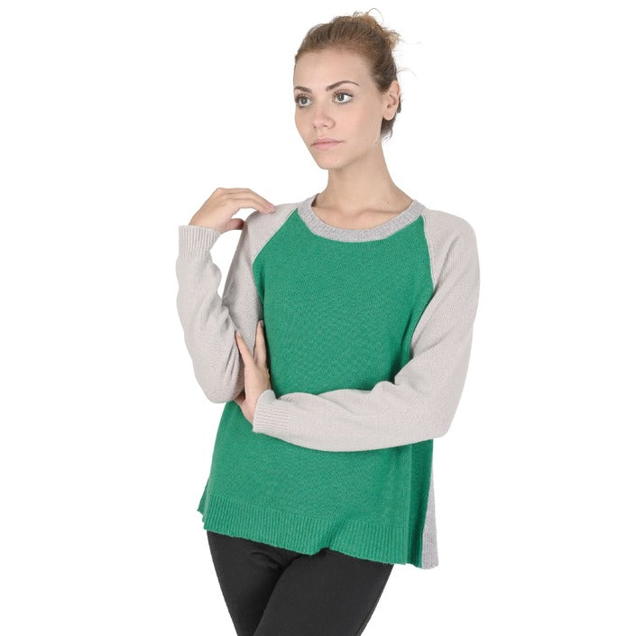 Crown of Edinburgh Cashmere - Crown of Edinburgh Cashmere Womens Round Neck Sweater COE 0016 GREEN/CREAM